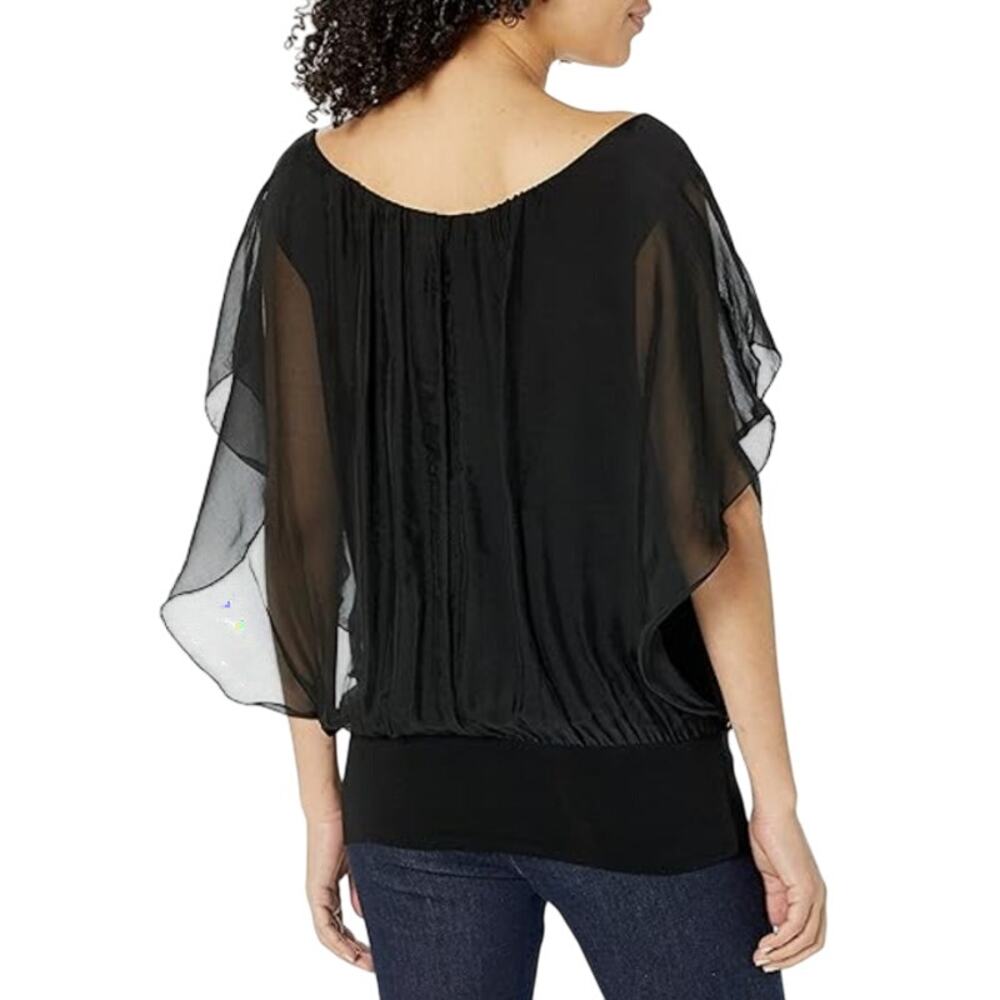 M Made in Italy Ruffle Sleeve Scoop Neckline Blouse Silk Blend Black Size Small - Picture 2 of 13